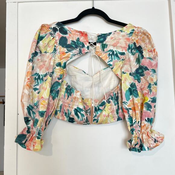 For Love & Lemons Holis Lace Up Crop Top Floral Puff Sleeves Sweetheart And XS - Picture 9 of 9